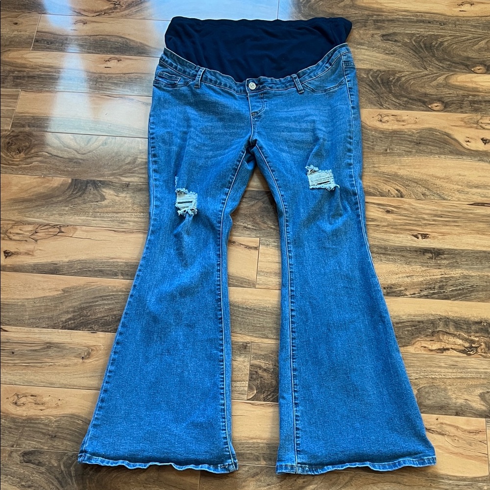 Maternity Flare Distressed Jeans Stretch Belly Panel Wide Leg Denim